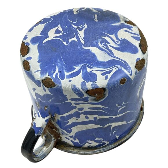 Blue Swirl Graniteware Coffee Cup Black Rim Enamel Cowboy Mug Chuckwagon - Picture 8 of 8